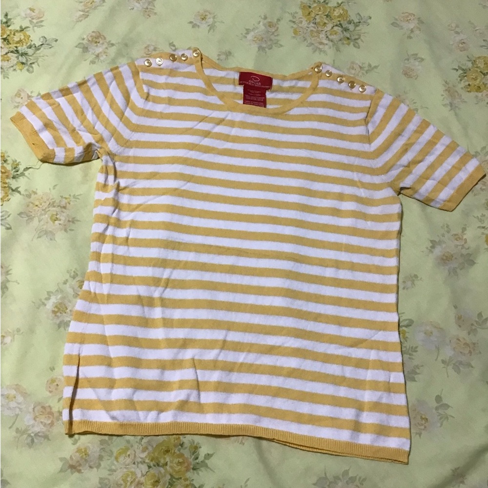 Oscar de la Renta Yellow and White Striped Short Sleeve Tee